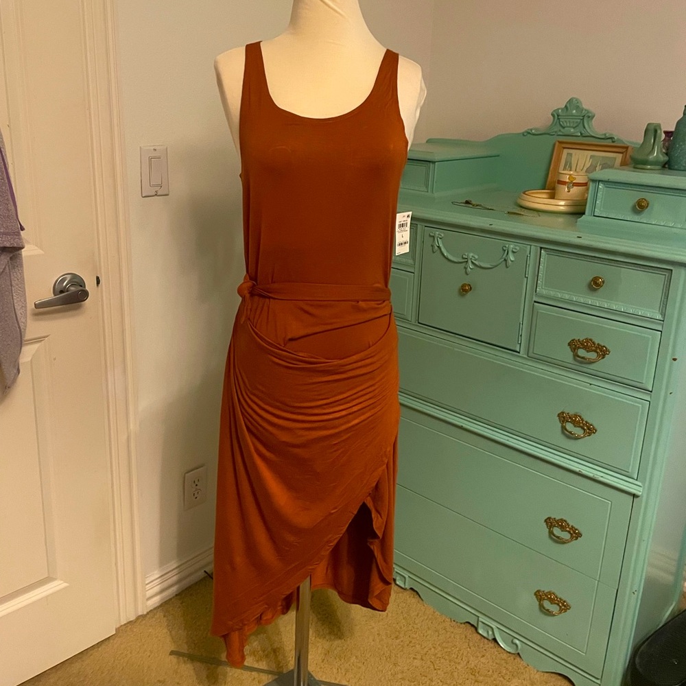 Mid length, belted, sleeveless knit dress, “And Now This” in chocolate brown